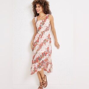 Maurices Aster Floral Red White Green Off The Shoulder Midi Dress